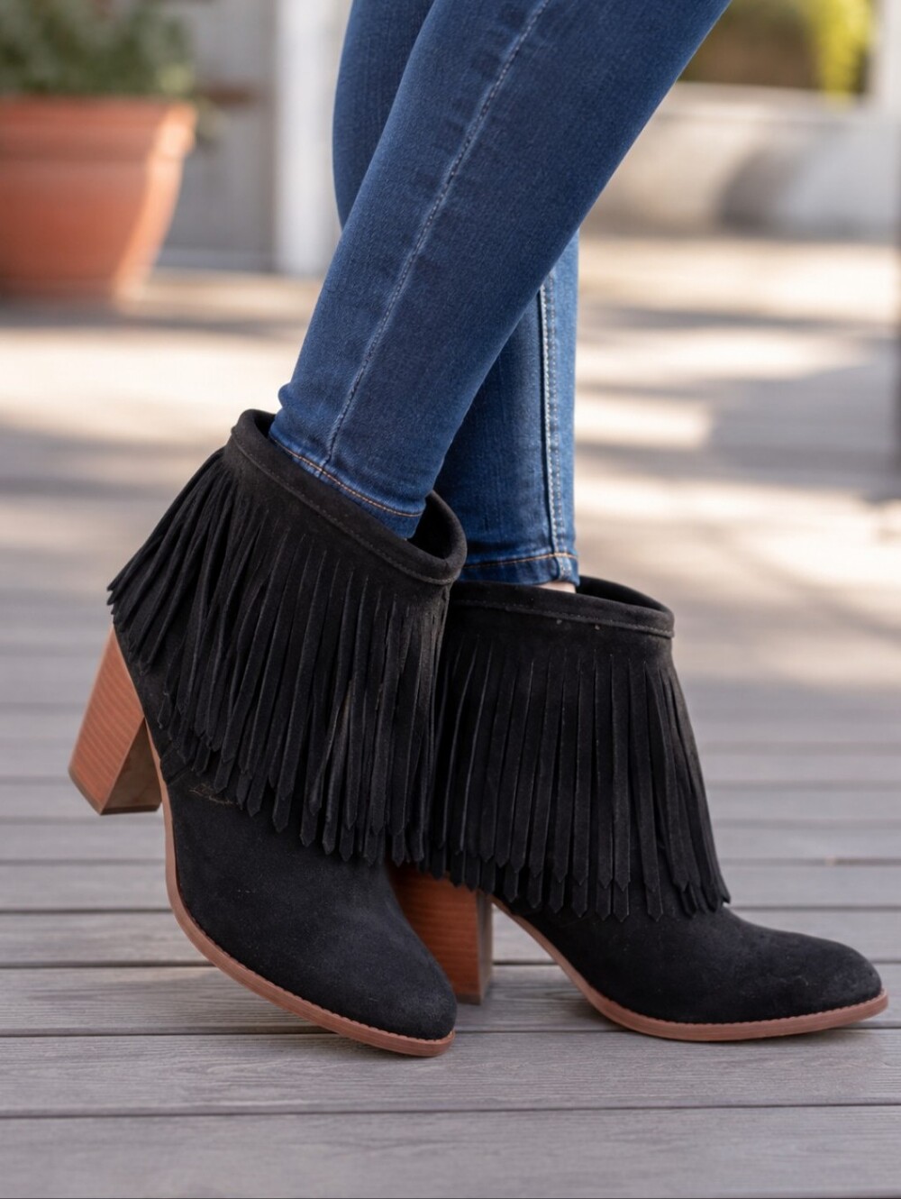 Frye Ilana Black Suede Fringe Short Heeled Bootie